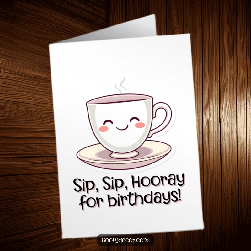 Funny free printable birthday card: A kawaii smiling teacup happily spinning round and round on its saucer.