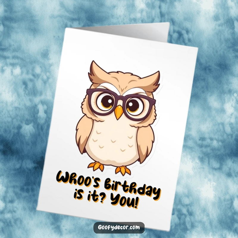 Funny free printable birthday card of a bespectacled owl looking surprised, capturing a moment of delightful bewilderment and birthday wishes.