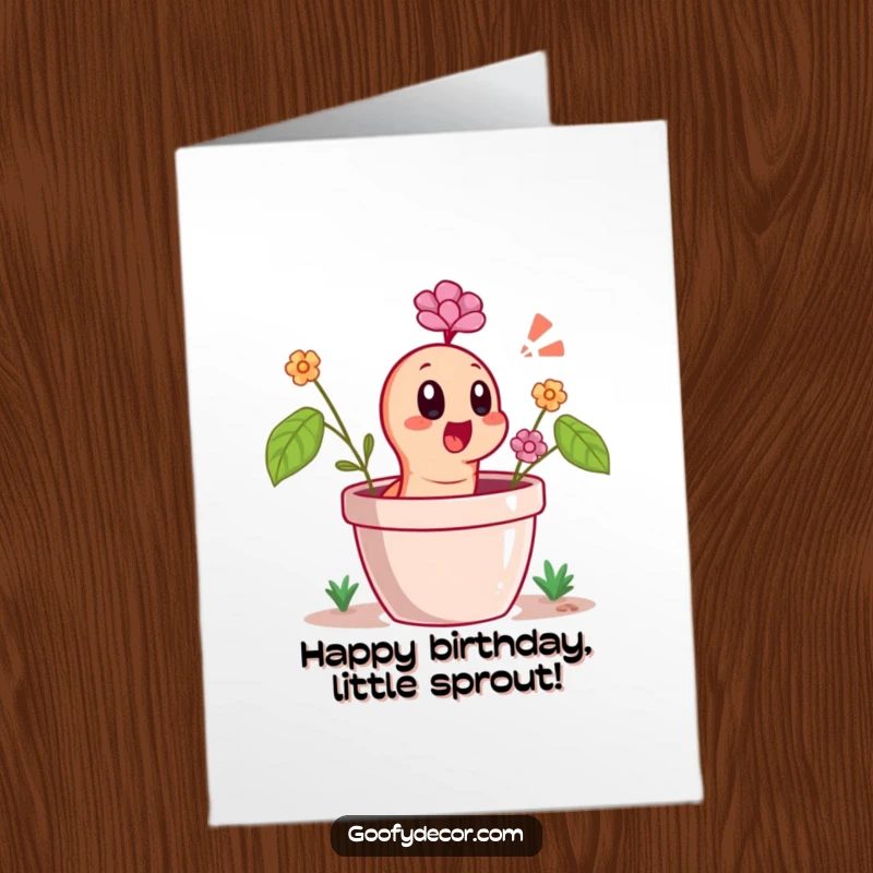 Funny Free Printable Birthday Card featuring a cheerful worm popping out of a flower pot with a big, surprised gasp.