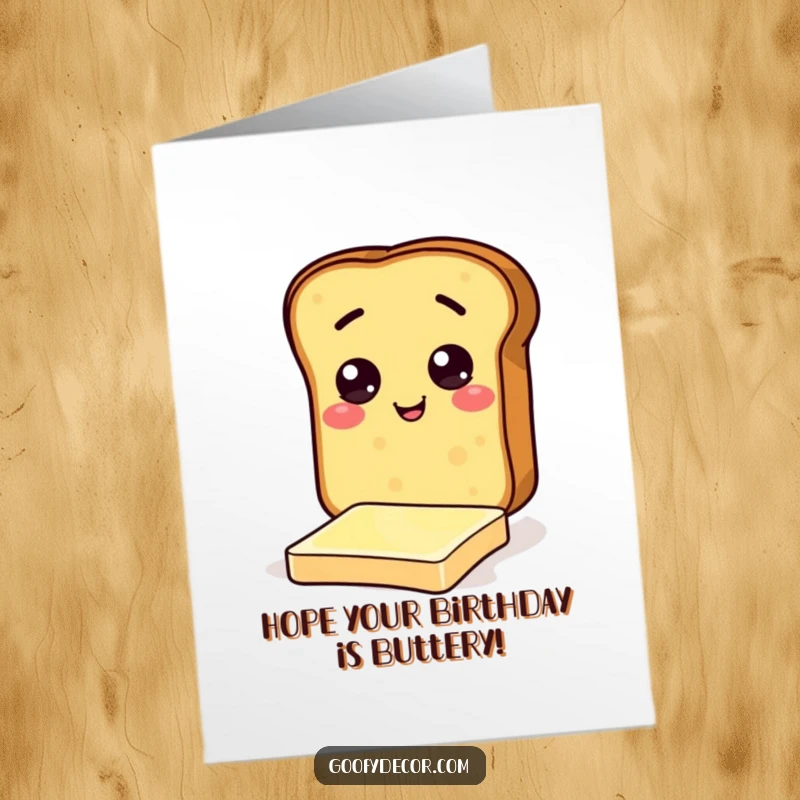 Funny free printable birthday card showing a cheerful toast character comically trying to slide on a slippery pat of butter.