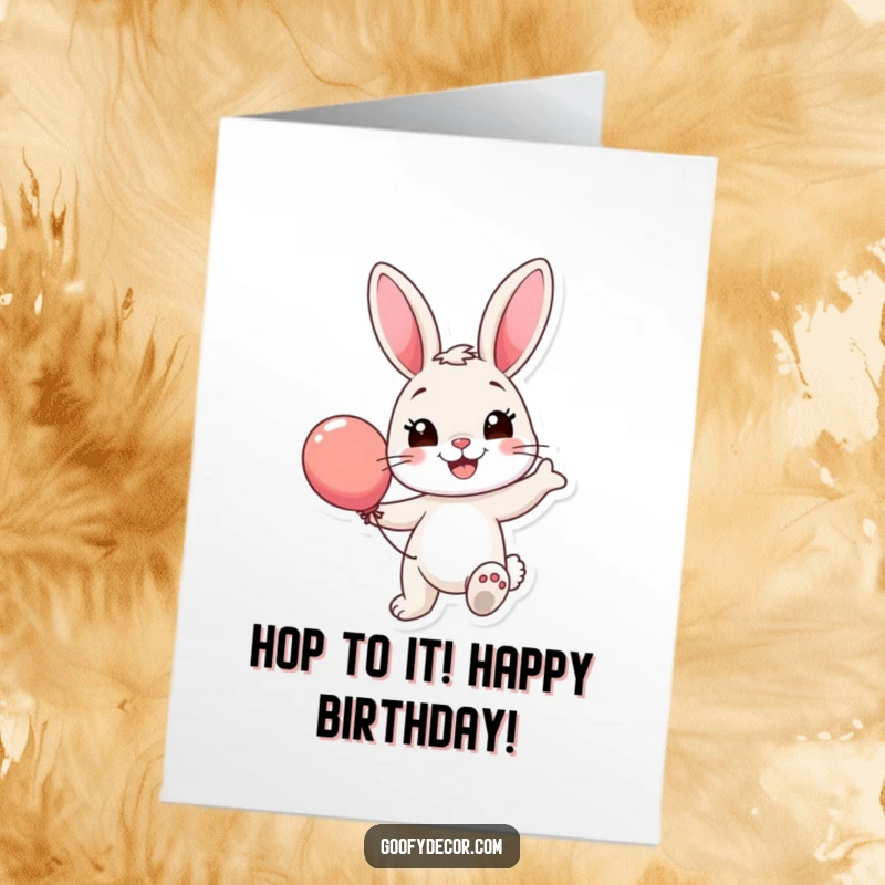 Funny Free Printable Birthday Card: A smiling bunny bounces a colorful balloon, celebrating your special day with fun.