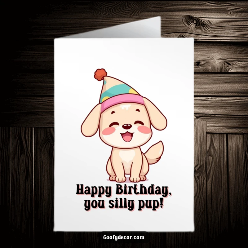 Funny Free Printable Birthday Card: A happy dog with a silly hat wags its tail excitedly, wishing you a great birthday.