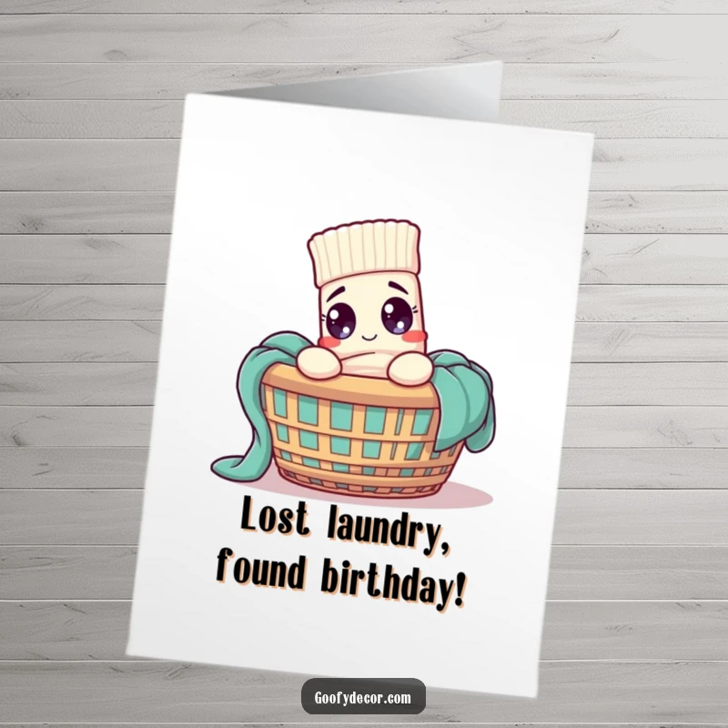 Funny Free Printable Sock Birthday Card: Wide-eyed sock character hilariously tangled in a laundry basket, ready to celebrate.