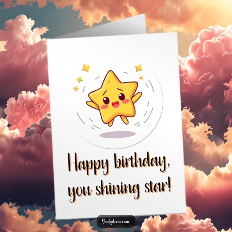 Funny Free Printable Birthday Card: Startled star character spinning in a dizzying dance, energetic downloadable art.
