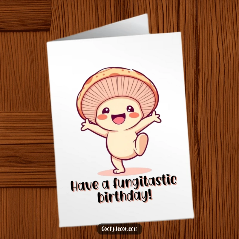 Funny free printable birthday card featuring a smiling mushroom character energetically performing a cartwheel, celebrating the day.