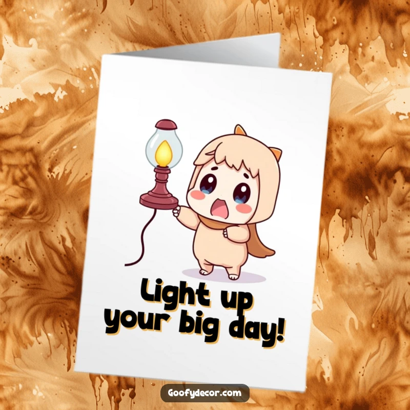 Funny Free Printable Birthday Card featuring a surprised character about to drop a wobbly, teetering lamp, perfect for a clumsy friend.