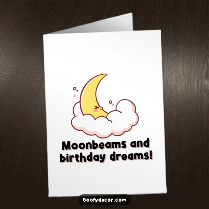 Gentle Free Printable Birthday Card: A shy crescent moon peeks from behind a fluffy cloud, offering quiet birthday wishes.