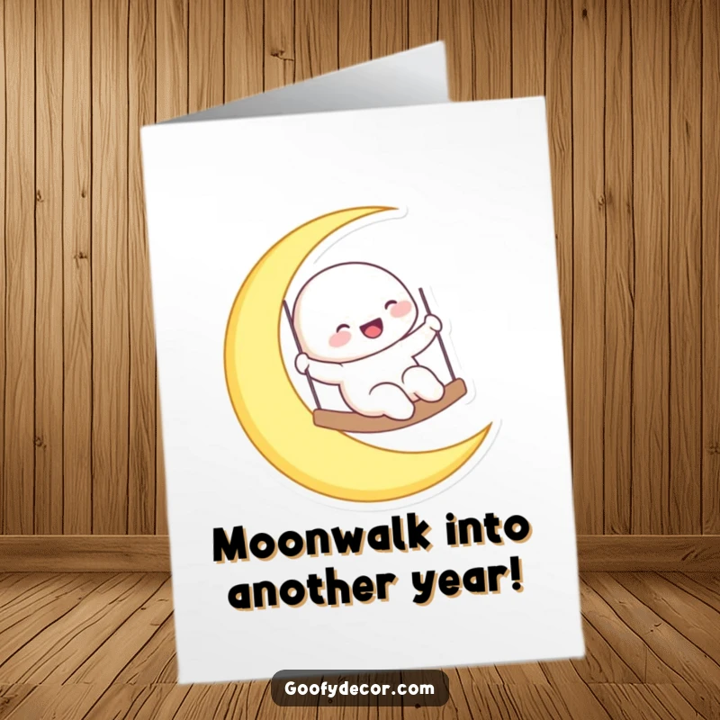 Funny free printable birthday card featuring a joyful moon character gleefully swinging on a crescent moon against a starry background.