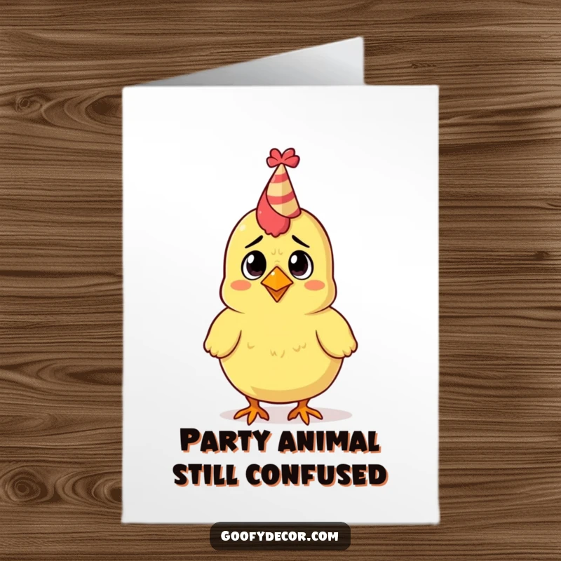 Funny Free Printable Birthday Card: Confused rubber chicken in a tiny party hat, looking bewildered. A hilarious downloadable design.