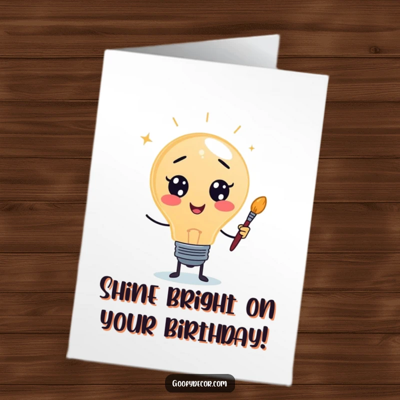 Funny free printable birthday card: Whimsical lightbulb character holding a paintbrush, glowing with a creative birthday idea.