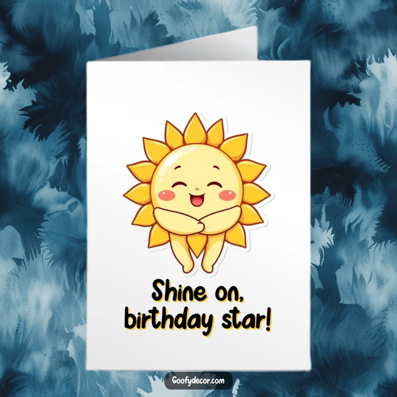 Funny free printable birthday card featuring a beaming sun character giving a huge, warm hug, radiating happiness and sunshine.