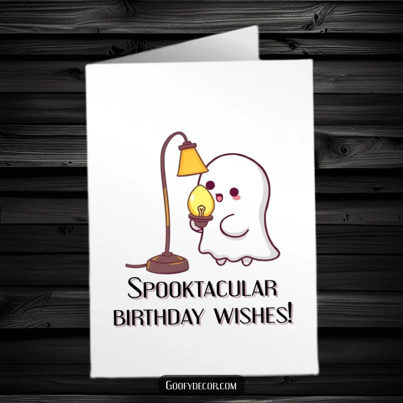 Funny Free Printable Birthday Card: Mischievous kawaii ghost playfully attempts to tickle a bewildered lamp.