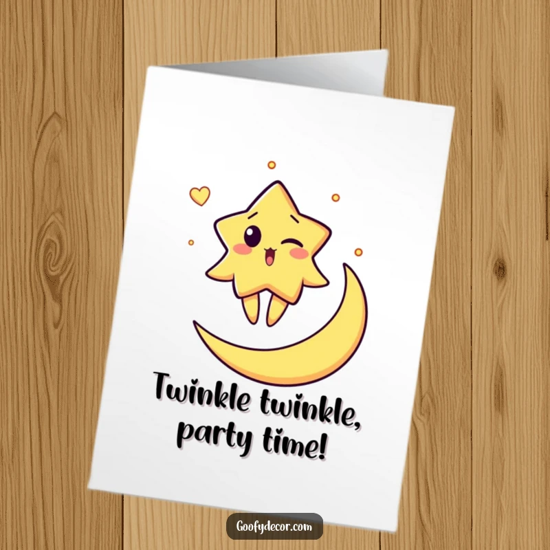 Funny free printable birthday card with a surprised star character winking while balancing on a crescent moon.