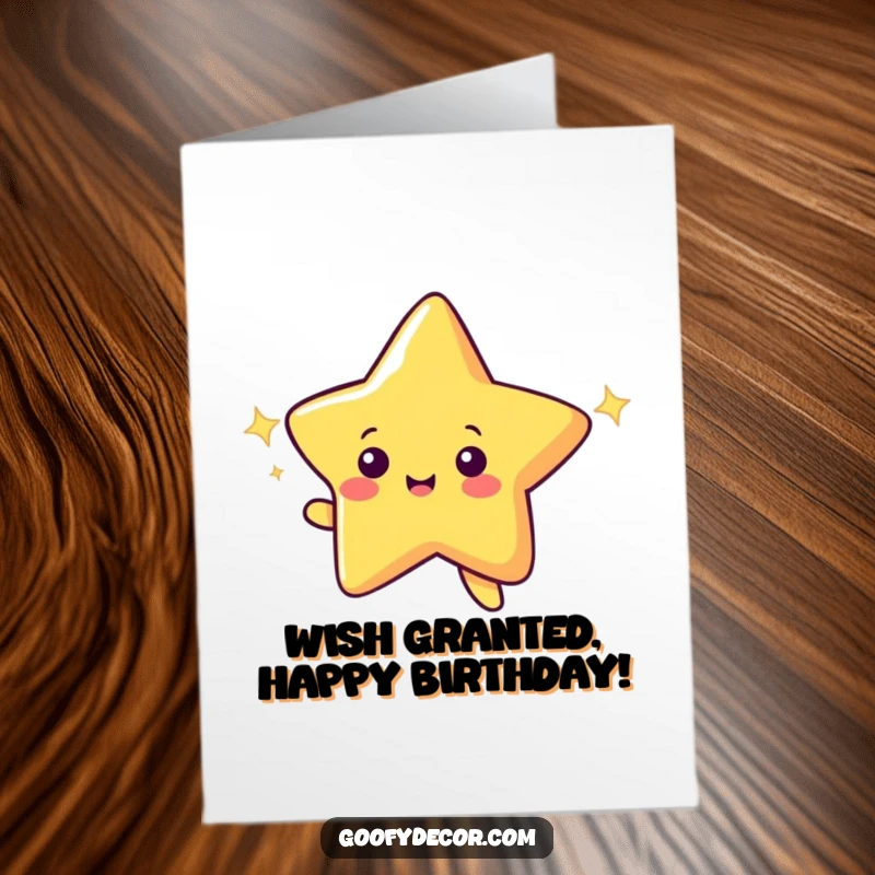 Funny Free Printable Birthday Card: Cheerful shooting star character making a wish with a bright, sparkling trail.