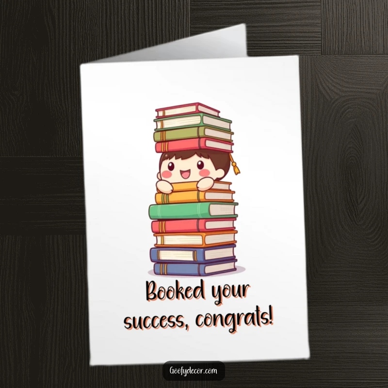 Funny Free Printable Congratulations Card: happy character balancing a stack of books, celebrating a smart accomplishment.