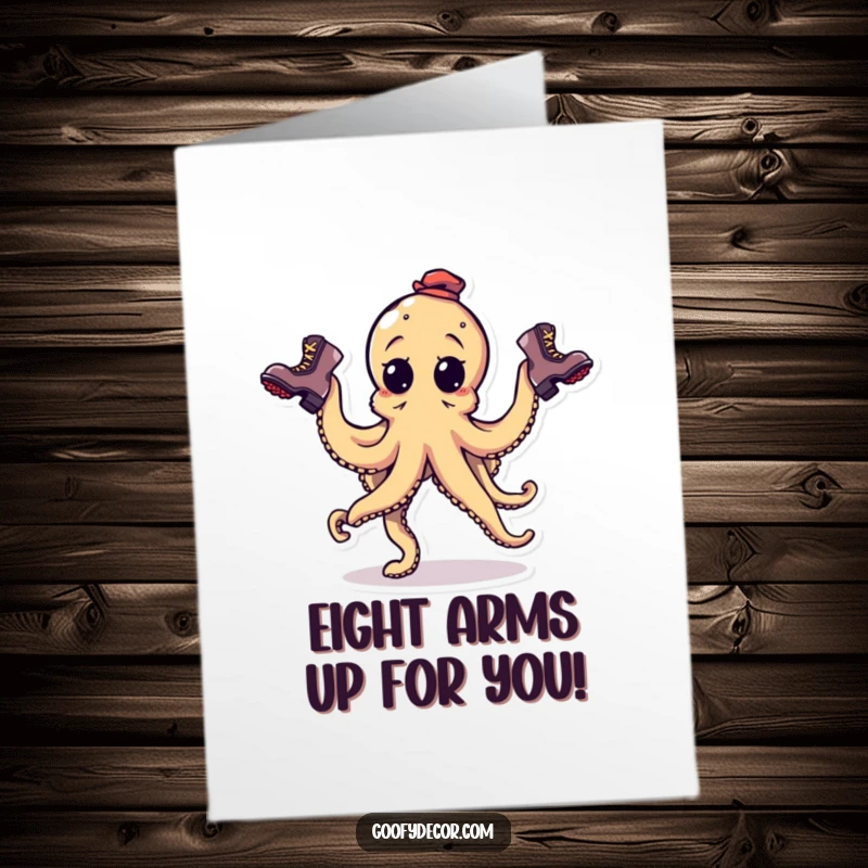 Funny free printable congratulations card showing an octopus struggling to juggle three odd, mismatched boots.