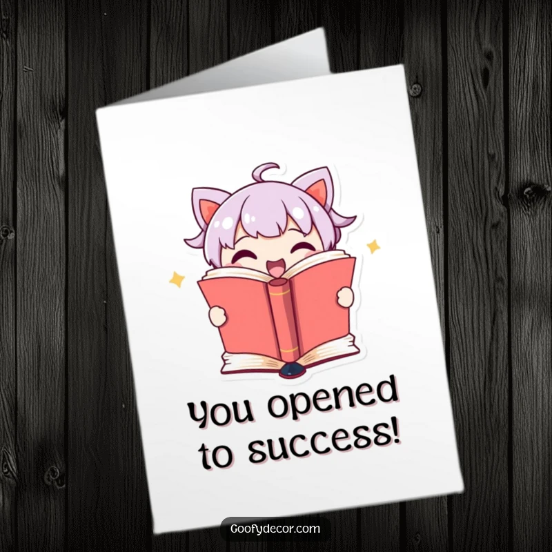 Funny Free Printable Congratulations Card featuring a cute book character excitedly opening its pages to reveal a secret.