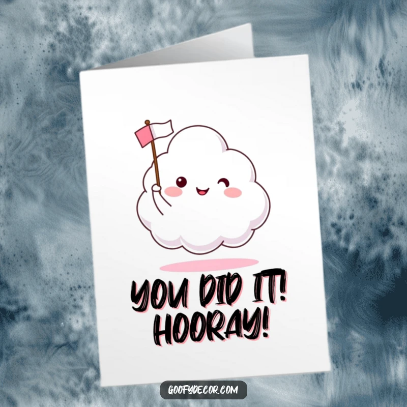 Funny Free Printable Cloud Congratulations Card: A happy cloud waves a tiny flag, celebrating your success.