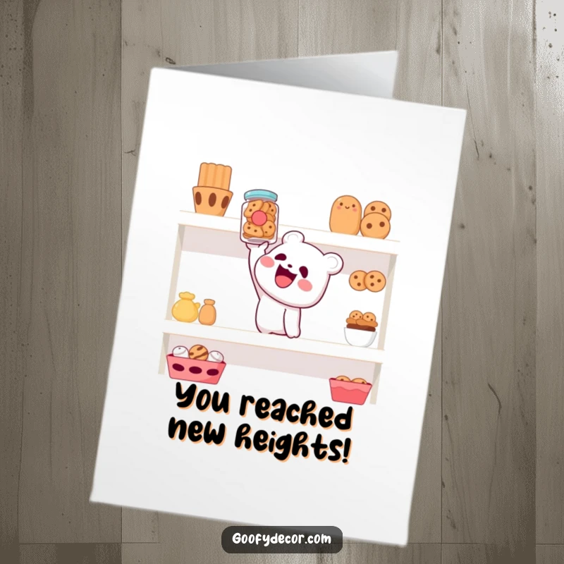 Funny Free Printable Congratulations Card: Character reaching high for a cookie jar, a quirky DIY gift.