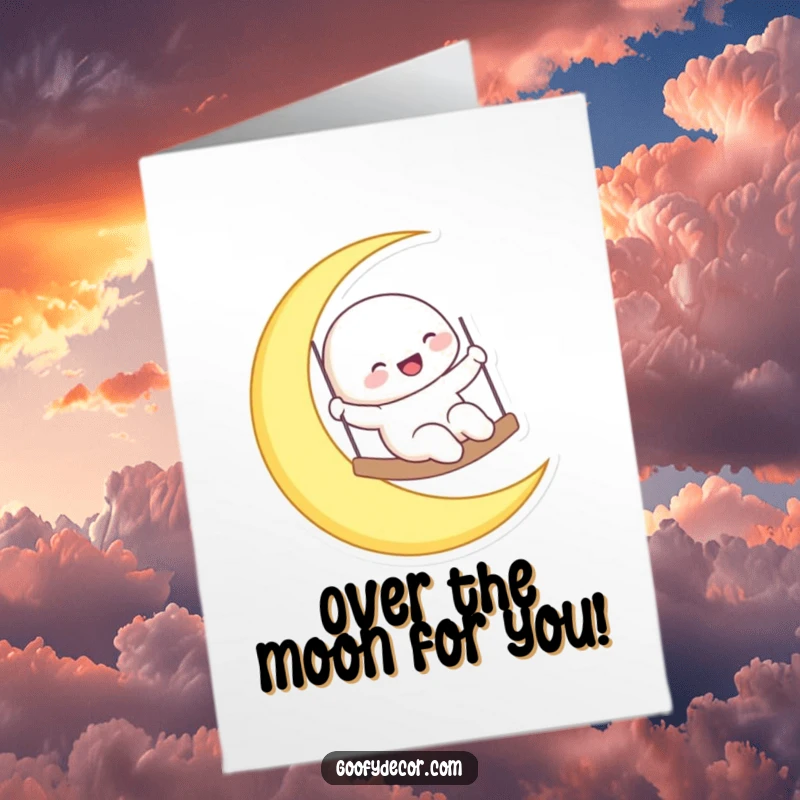 Funny free printable congratulations card showing a happy moon character swinging on a crescent moon, celebrating an achievement in space.