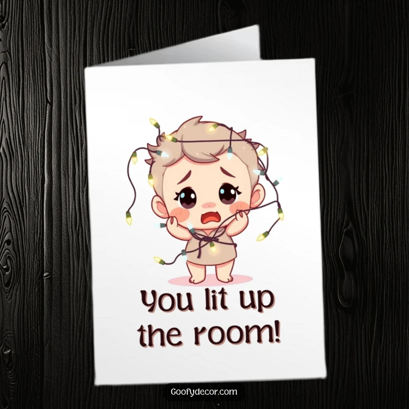 Funny Free Printable Congratulations Card: Character tangled but happy in fairy lights, a quirky DIY gift.