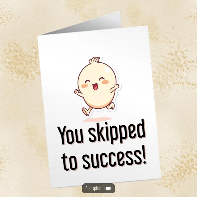 Funny Free Printable Congratulations Card: A small, round character enthusiastically skipping to celebrate good news.