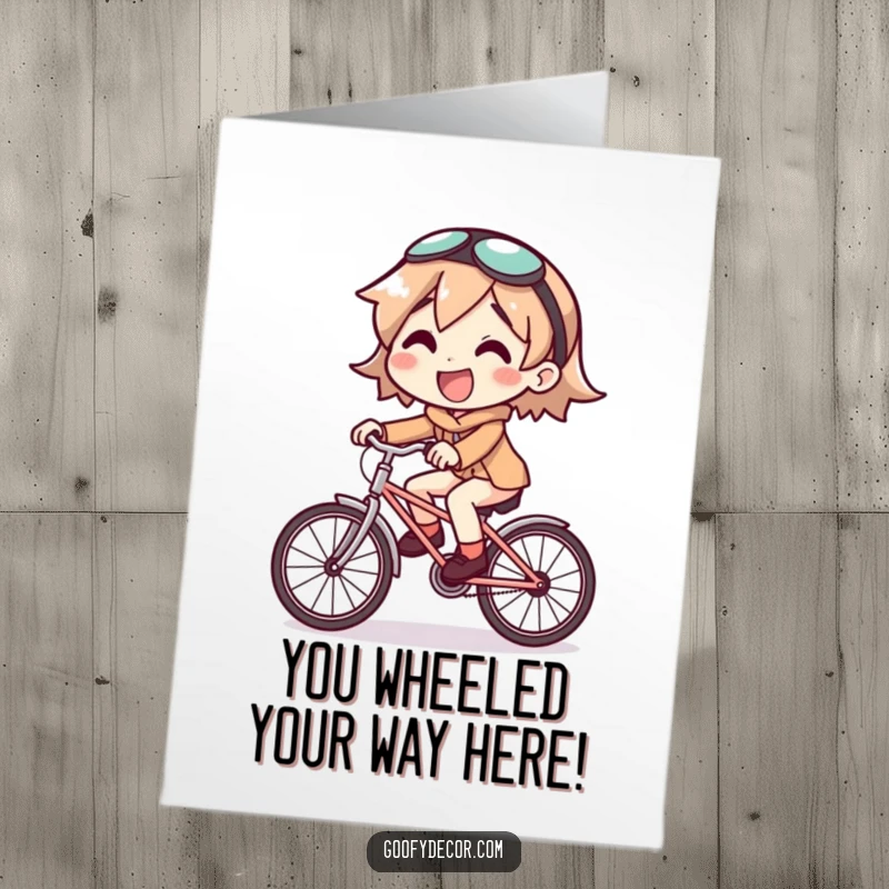 Funny Free Printable Congratulations Card: Character beams riding a comically small bicycle, a quirky DIY gift.
