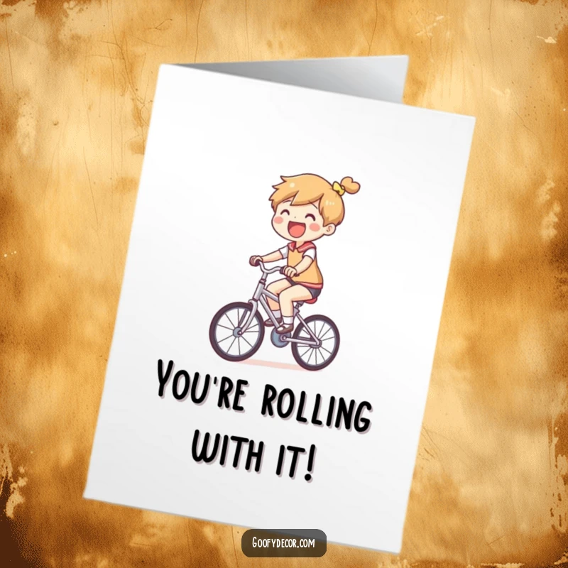 Funny Free Printable Congratulations Card features a joyful character riding a comically small bicycle, celebrating success.