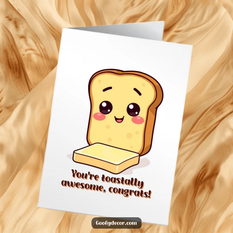 Funny free printable congratulations card featuring a cheerful toast character attempting a comical slide on a butter pat.