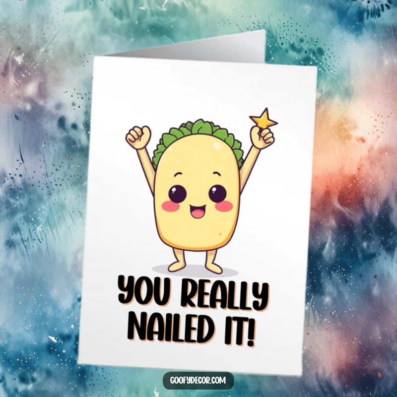 Funny Free Printable Congratulations Card: Triumphant taco character performing an impressive victory pose. Hilarious, downloadable congrats.