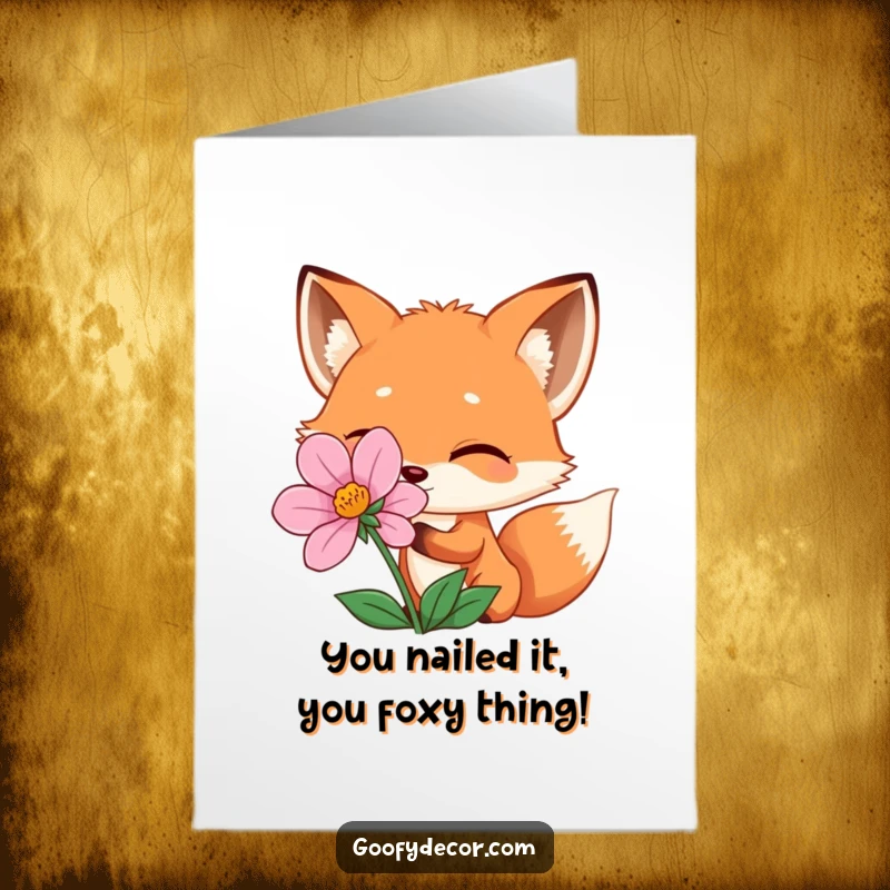 Funny Free Printable Congratulations Card with a playful fox character winking slyly from behind a blossoming flower.