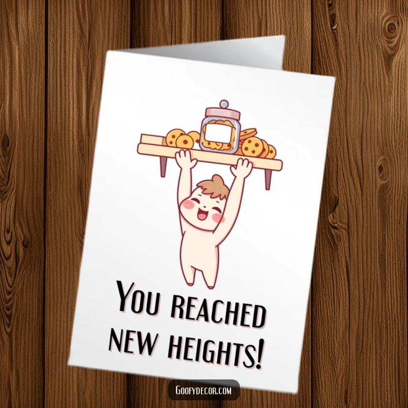 Funny Free Printable Congratulations Card: Character triumphantly reaching for a cookie jar, celebrating a sweet success.