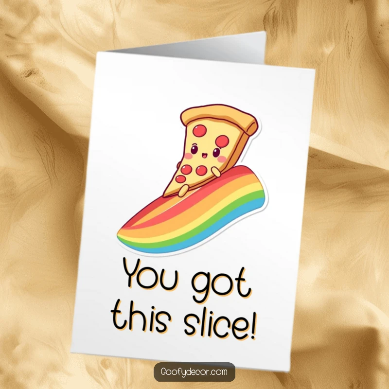 Funny Free Printable Congratulations Card: A happy kawaii pizza enjoys a thrilling ride down a colorful rainbow on its largest slice.