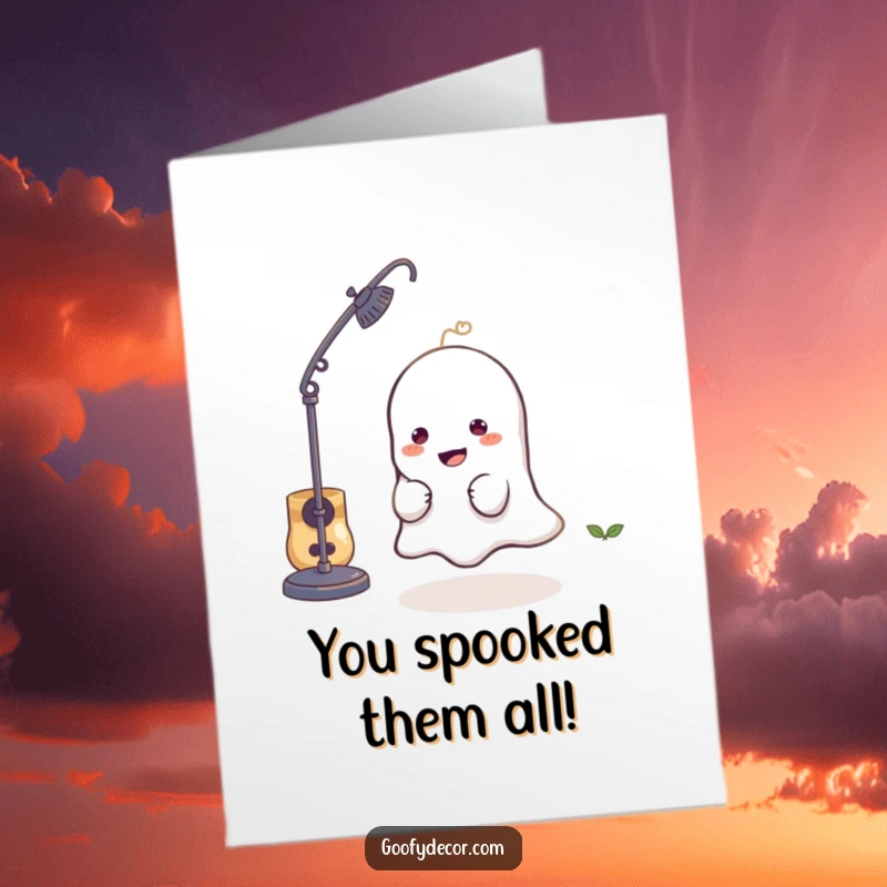 Funny Free Printable Congratulations Card featuring a mischievous ghost character hiding playfully behind a lamp, celebrating success.