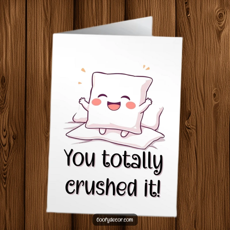 Funny free printable congratulations card: Giggling pillow character bouncing with uncontrollable mirth, celebrating joyous news.