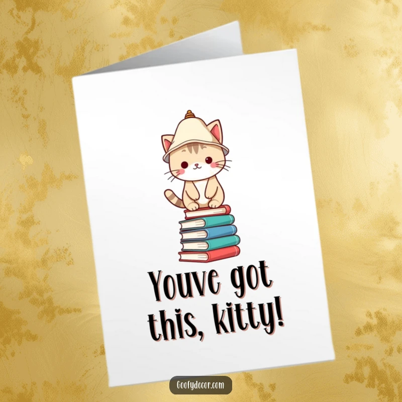 Funny Free Printable Congratulations Card showing a determined Kawaii cat in a lampshade hat, expertly balancing on books.