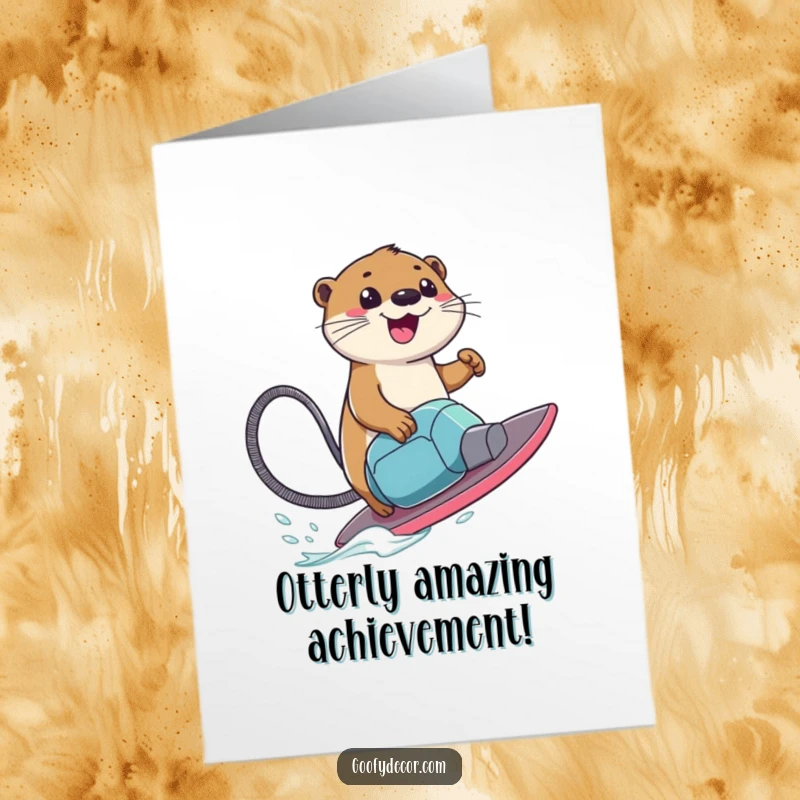 Funny Free Printable Congratulations Card showing a happy otter surfing a vacuum cleaner, celebrating a momentous occasion.