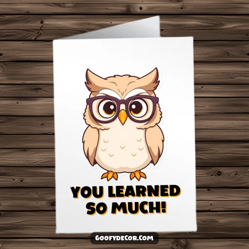 Funny free printable congratulations card of an owl in reading glasses looking surprised, celebrating achievements with a humorous twist.