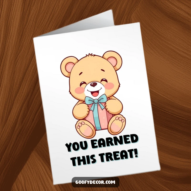 Funny Free Printable Congrats Card: Cheerful teddy bear happily unwrapping a gift, celebrating a special moment.