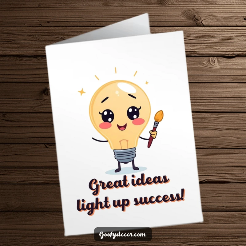 Funny free printable congratulations card: Whimsical lightbulb character holding a paintbrush, radiating a successful, glowing idea.