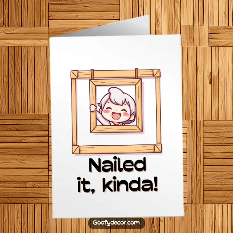 Funny Free Printable Congratulations Card features a character happily hanging a comically crooked picture on the wall.