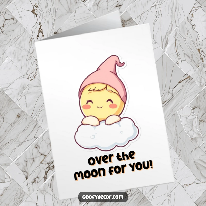 Funny Free Printable Congratulations Card: A happy moon in a nightcap peeks from behind a cloud, celebrating success softly.