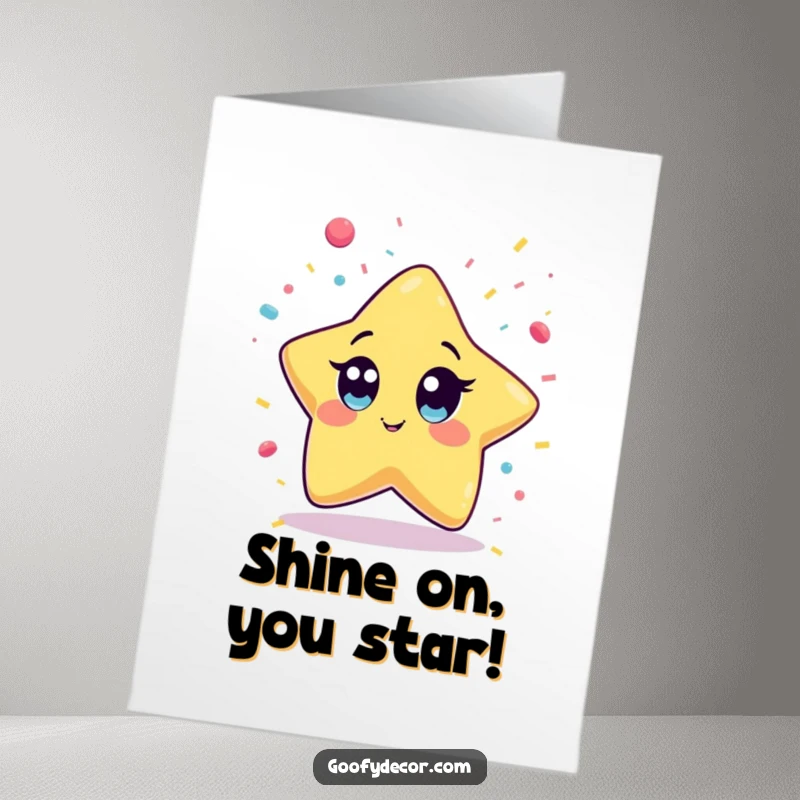 Funny free printable congratulations card: A kawaii star with wide, excited eyes trying to catch colorful falling confetti.