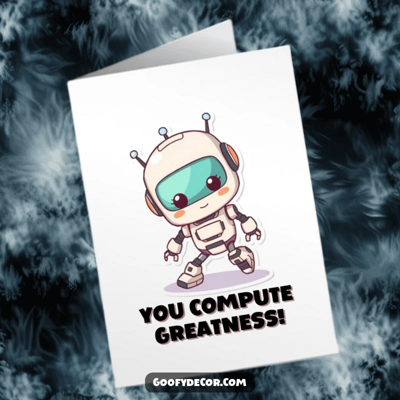 Funny Free Printable Congratulations Card: Endearing kawaii robot comically trips, celebrating overcoming obstacles.