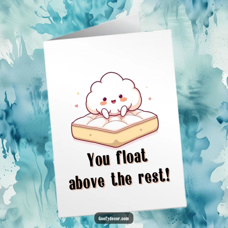 Funny Free Printable Congratulations Card: Giddy cloud character bouncing on a mattress, symbolizing achievement, downloadable art.