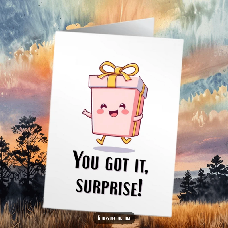 Funny Free Printable Congratulations Card: A kawaii smiling gift box performs a cheerful skip, celebrating good news.