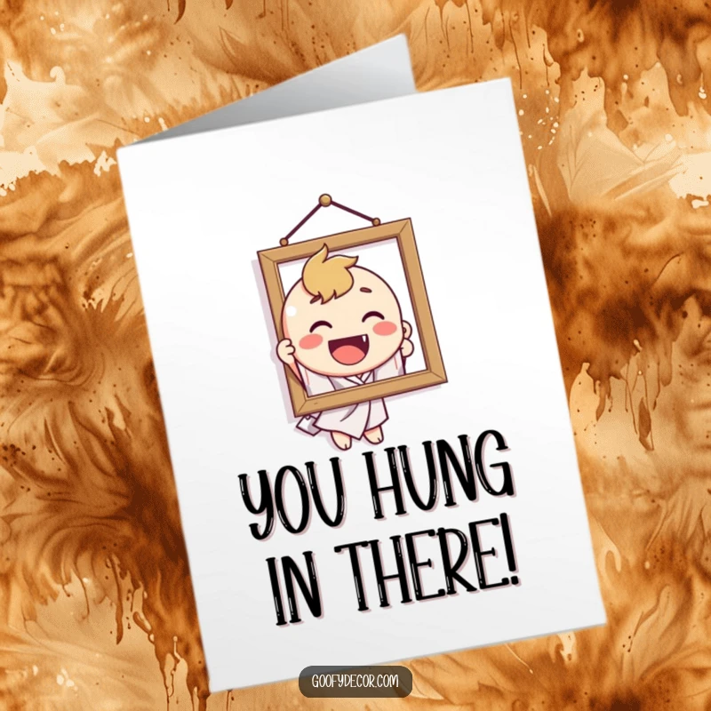 Funny Free Printable Congratulations Card: Character proudly displays a crooked picture, a quirky DIY gift.