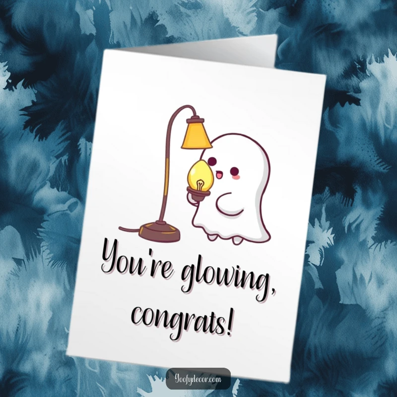 Funny Free Printable Congratulations Card: Playful kawaii ghost playfully tickles a glowing lamp in celebration.