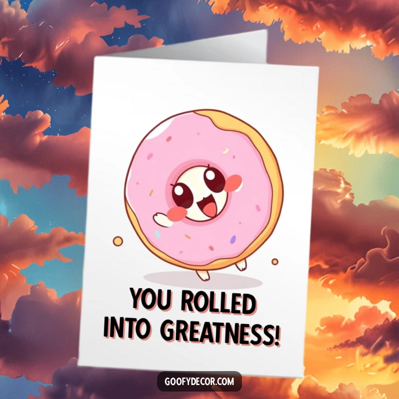 Funny Free Printable Congrats Card: Kawaii donut with big eyes does a somersault, celebrating your awesome achievement!