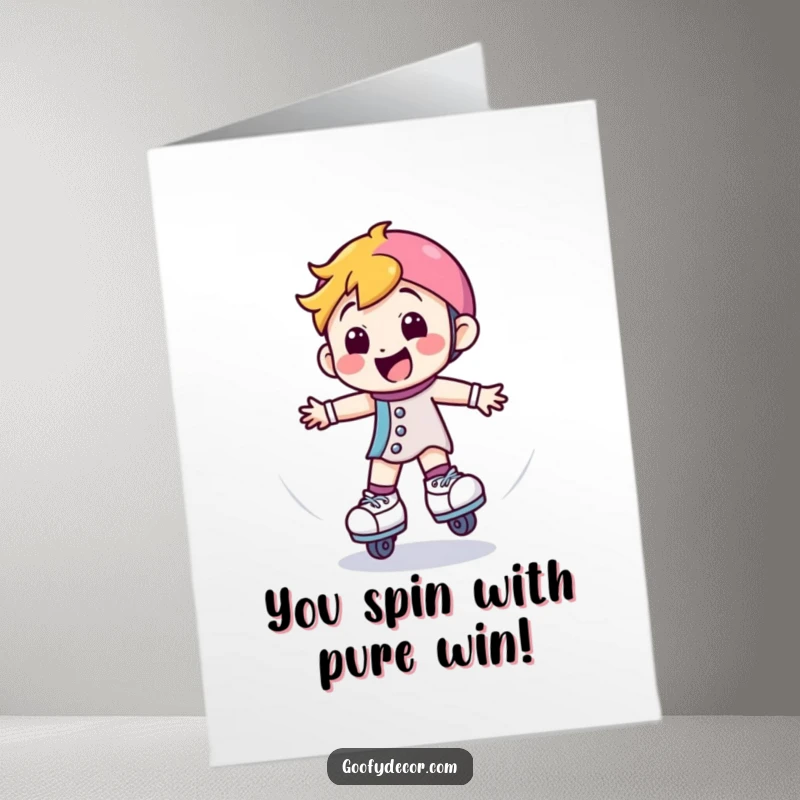 Funny free printable congratulations card: Happy roller skate character spinning joyfully, celebrating a successful accomplishment.